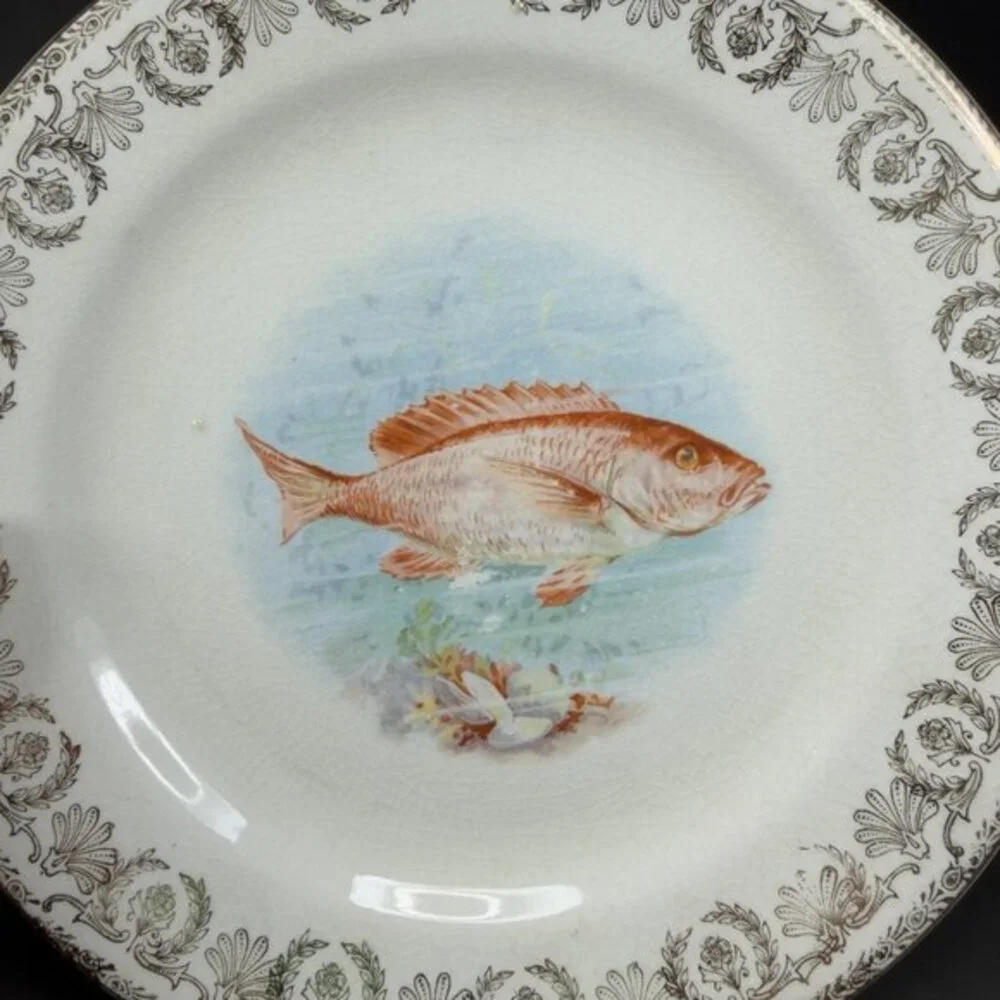 Antique Edwin M Knowles Vitreous 9inch Plates Dishes‎ Set Fish Pattern Different